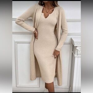 Elegant Cream Ribbed Knit Dress with Cardigan